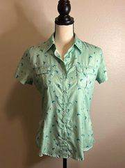 Magellan Womens Teal Green Fish Gear Classic Fit Bird Crane Button Up Size S