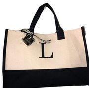 Mud Pie L Initial Canvas Tote Bag Black Off White Cream Embroidered Large NEW