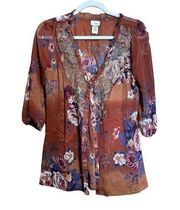 Daytrip Buckle Top Womens Medium Multicolor Floral Print Sheer Button Up Blouse