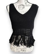 Club Monaco Crop V-neck Knit Sleeveless Sweater Tank Top Fringe Black Size XS