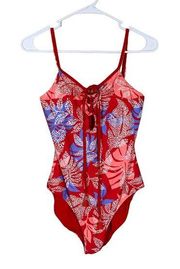 Red Carter Lace Up Tropical Paradise One Piece Swimsuit