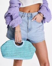 DESIGN Summer Spring Boho Blue Straw Woven Cut Out Grab Clutch Bag