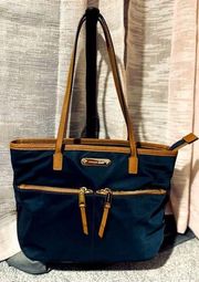 Michael Kors MK Kempton Blue Nylon Saffiano Medium Leather Satchel Tote Bag.