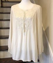 KRAZY KAT Women’s Ivory Crochet Tie Front 3/4 Sleeve Blouse Sz Large NWT