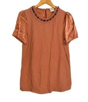 REISS Topaz Jeweled Embellished Neck Short Sleeve Satin Blouse US 6