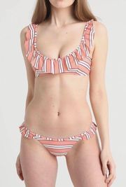 White and coral stripe frill bikini set never worn 🚨TOP AND BOTTOM ARE DIFFERENT SIZES🚨 Top = SIZE 4 US Bottom= SIZE 6 US 