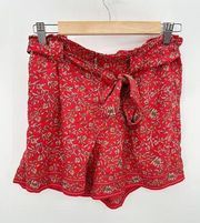 Max Studio Shorts Women SMALL Red Floral Print Tie Waist Belted 100% Polyester