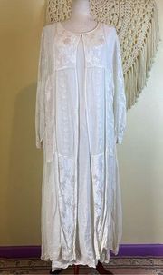 Vintage 90s Long Sleeve Maxi Dress Faux 2 Piece White Lace Floral Jacquard Small