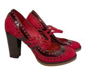Juicy Couture Women Red Leather Hole Buckle High Block Heel Mary Jane Shoes NWOT