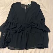 BCBGeneration szL sheer ruffled black 3/4 sleeve keyhole neck blouse EUC