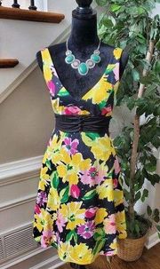 B. Smart Black Floral Tie Waist Cotton Sleeveless Casual Knee Length Dress Small