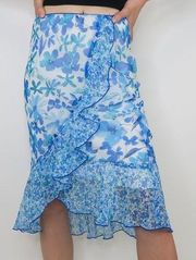 Vintage 90s Blue Floral Ruffle Midi Skirt