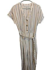 Paper Crane Striped Short Sleeve Button Front Lightweight Jumpsuit Size Large