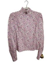 Nina Blanc Mock Neck Floral Top Long Puff Sleeve Blouse Pink Purple White