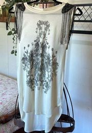 Haute Hippie Embellished Shoulders Beaded Tassels Graphic Tank Top Size XSmall