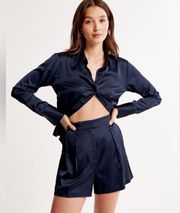 Navy Satin Tailored Shorts