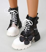 Black & White Flower Combat Boots - Size 6