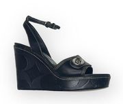 ♕ Kerilyn Logo Embossed Turnlock Platform Wedge Sandals ♕ Black Leather 8M