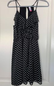 Black And White Polka Dot Dress With Ruffles Spaghetti Strap With Button Closure