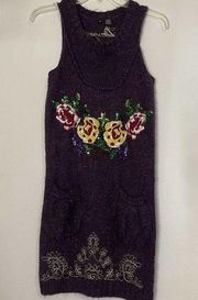 DESIGUAL purple knit acrylic wool floral embroidered sequin vest tunic sweater S