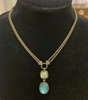 Vintage Bronze Gold Blue Pendant Statement Necklace 