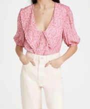 Amie Button Up Collared Short Puff Sleeve Blouse Pink Ditsy Floral Small