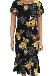 Two Palms Hawaiian Dress Black Fern Hibiscus Tropical Floral Aloha Size Small