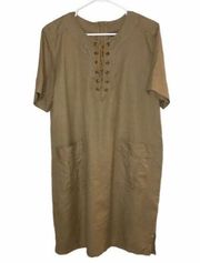 MARKET & SPRUCE KHAKI LINEN LACE UP NECK COTTAGE CORE DRESS WOMENS SIZE LARGE