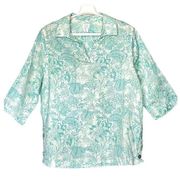 Sigrid Olsen Linen Pullover Top Floral Print Side Buttons Turquoise Size 1X