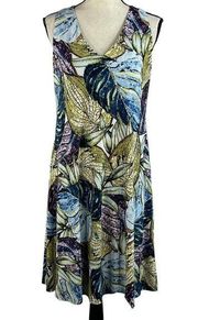 Anne Klein SZ 4 A-Line Dress Sleeveless Stretch V-Neck Leaf Print Lined Multi