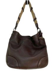 Prada Hobo Bag Brown Pebbled Leather & Woven Strap Shoulder Handbag Purse