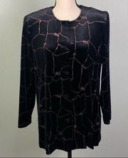 R & M RICHARDS black velvet jacket w/glitter lines and tiny bows in glitter. EUC