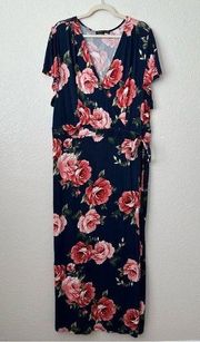 Always Indigo Blue Floral V-neck Stretch Knit Wrap Maxi Dress