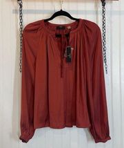 NWT T Tahari Rust Tie V-Neck Long Sleeve Tunic Top Blouse Size XS Pullover