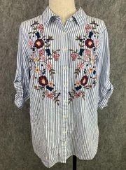 Faded Glory Medium Womens Button Down Shirt Striped Embroidered Floral Tab Blue