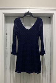 Navy Floral Lace Bell Sleeve Dress