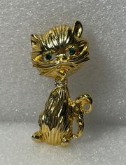 Cat Gold Tone Green Eyes Brooch Pin