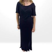 SAGE THE LABEL Open Back Black Boatneck Ribbed Knit Short Sleeve Maxi Slit Dress