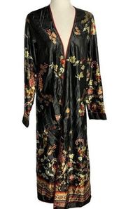 Honey Punch Asian Print Robe Duster S Black Floral Long Sleeves Belt Loops