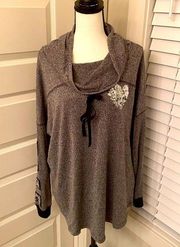 Chance or Fate|| Grey/black cowl neck, long sleeve sequined “Love” top