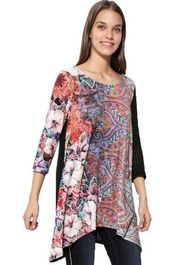 Desigual Picos Freya Graphic Floral Front Black Knit Back 3/4 Sleeve Tunic Top