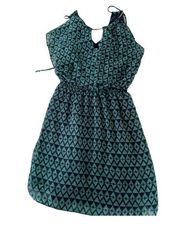 Bisou Bisou Dress Womens 2 Blue Green Diamond Print Tie Neck Mini Sleeveless