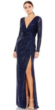 Mac Duggal 26490‎ Midnight Sequin Long Sleeve Faux Wrap Formal Gown NWT