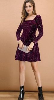 Allegra K Women's Stars Velvet Square Neck Vintage Mini Dress