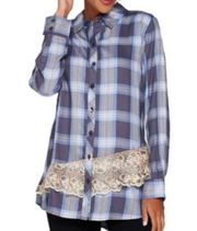 LOGO by Lori Goldstein Blue Plaid Ivory Lace Ruffle Trim Button Down Tunic Shirt