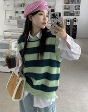 Korean Vintage Green Striped Knitted Sweater Vest