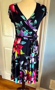 Janette Fashion Navy Blue Floral Faux Wrap Dress Size Small