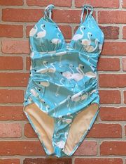 Le weekend by virginia johnson blue flamingo one piece bathing suit