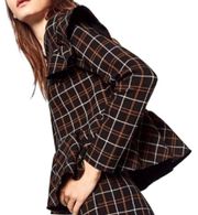 ZARA Trafaluc Black Windowpane Plaid Peplum Ruffle Long Sleeve Blouse