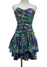 Vintage  Mini Dress Printed Cocktail Strapless Ruffle Skirt